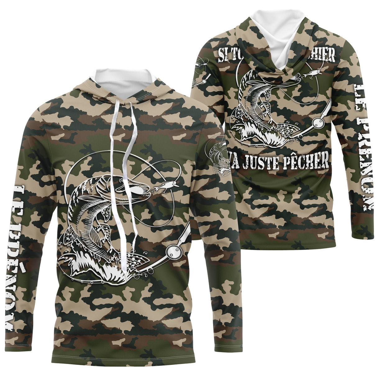 T-shirt anti-UV pêche brochet all-over camouflage forêt motif brochet noir encré prénom personnalisé pêcheur carnassier