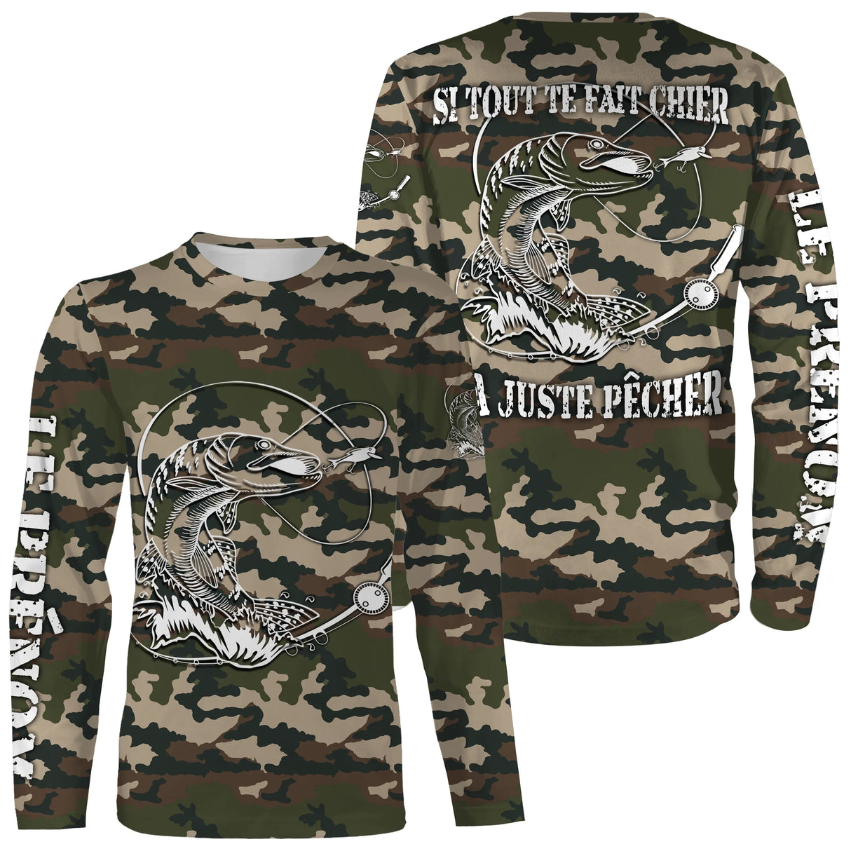 Hoodie pêche brochet UV all-over camouflage forêt motif brochet noir encré pêcheur prénom personnalisé carnassier