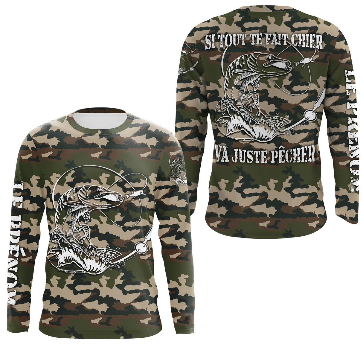 Maillot UV manches longues pêche brochet all-over camouflage forêt motif brochet noir encré prénom personnalisé
