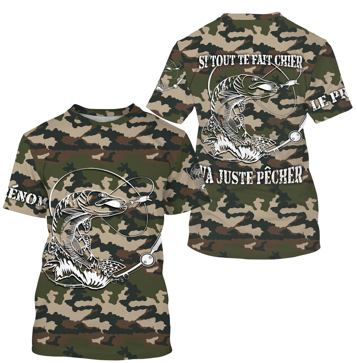 Sweat capuche anti-UV pêche brochet all-over camouflage forêt motif brochet noir prénom personnalisé pêcheur