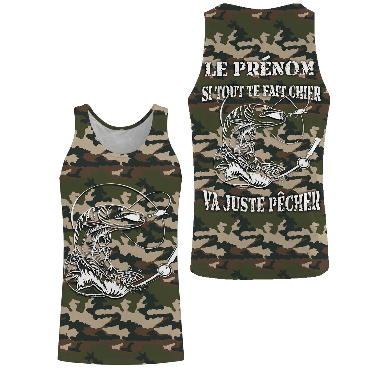 T-shirt anti-UV pêche brochet camouflage forêt motif brochet noir encré pêcheur prénom personnalisé toutes saisons