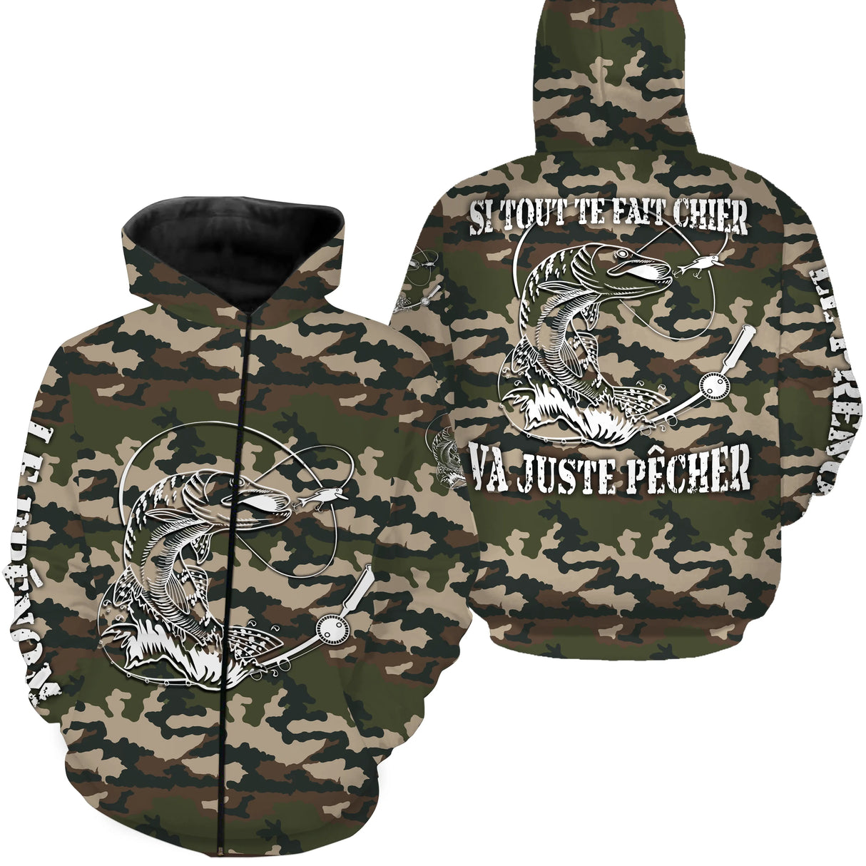 T-shirt UV pêche brochet all-over camouflage motif brochet noir encré toutes saisons pêcheur prénom personnalisé