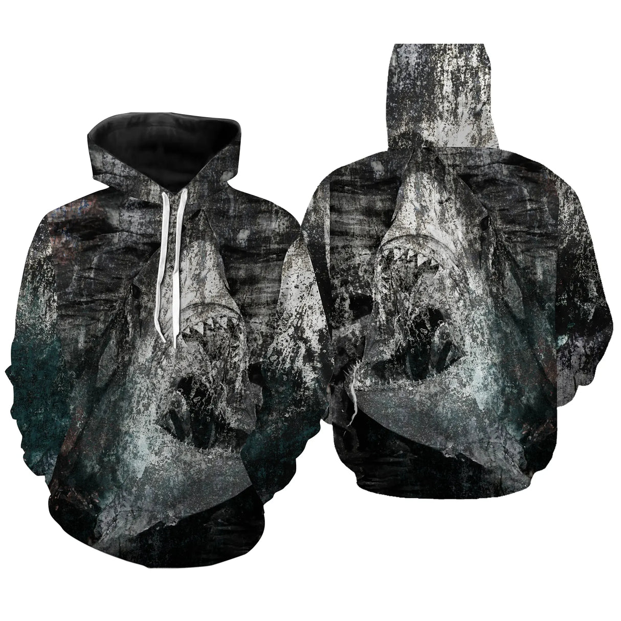 Hoodie pêche en mer sombre avec impression all-over de requin pour pêcheurs au gros