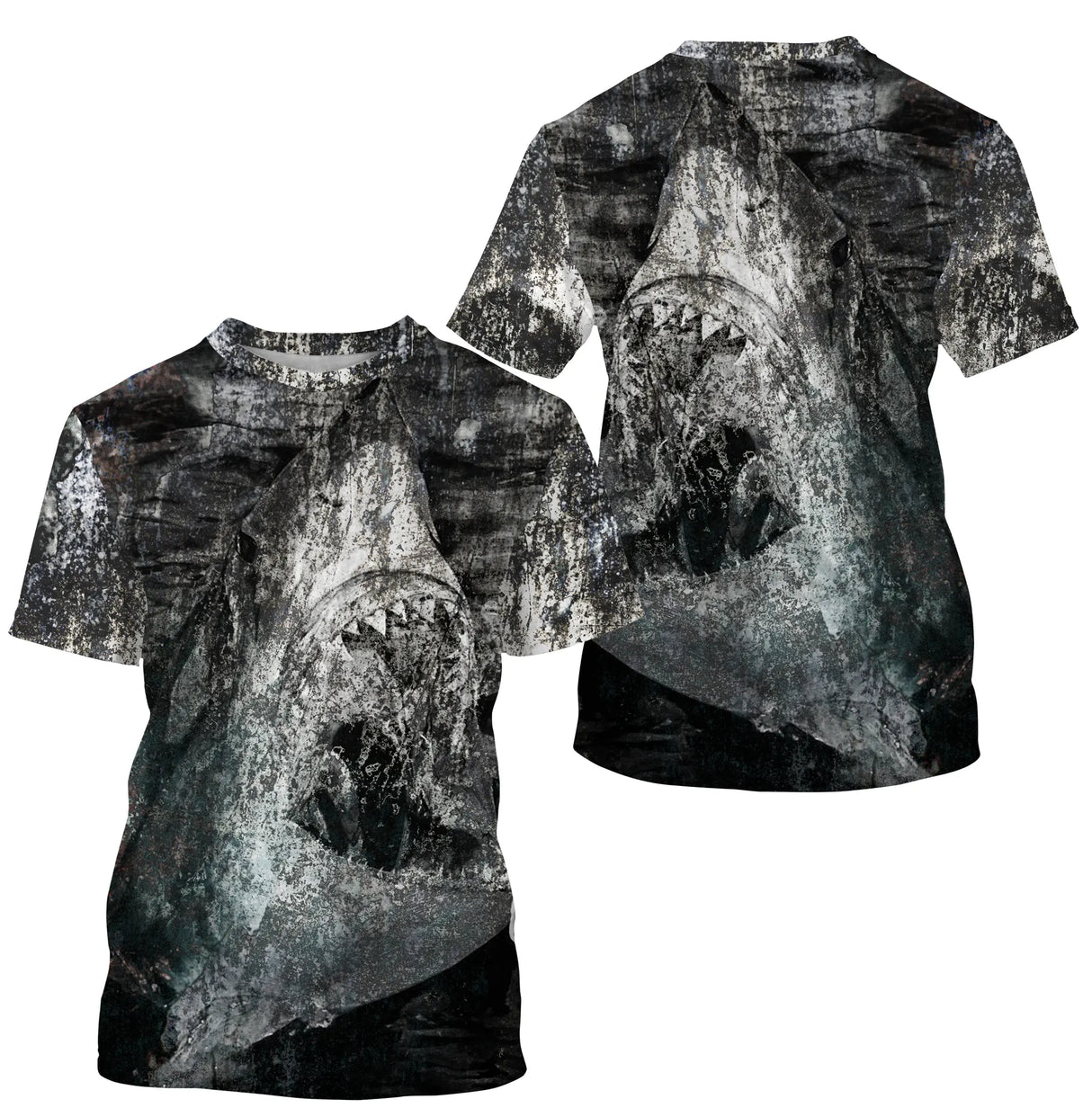 T-shirt all-over pêche en mer sombre avec requin gros plan coupe unisexe big game
