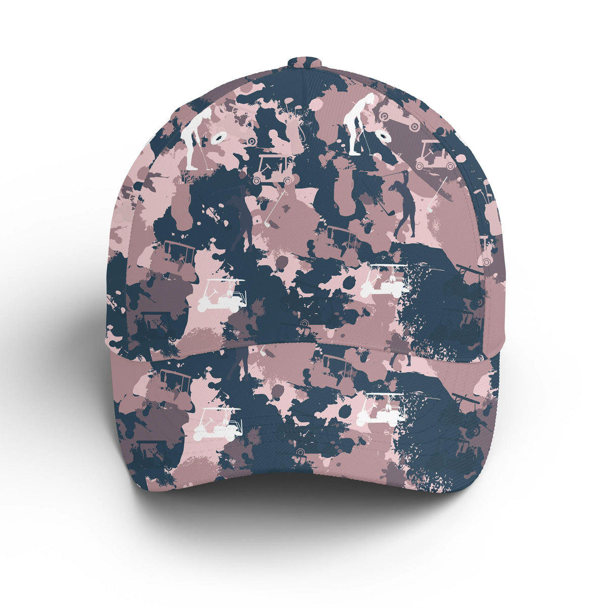 Casquette de golf rose camouflage vue trois-quarts, visière pré-cintrée et coupe ajustable unisexe, cadeau original golfeurs