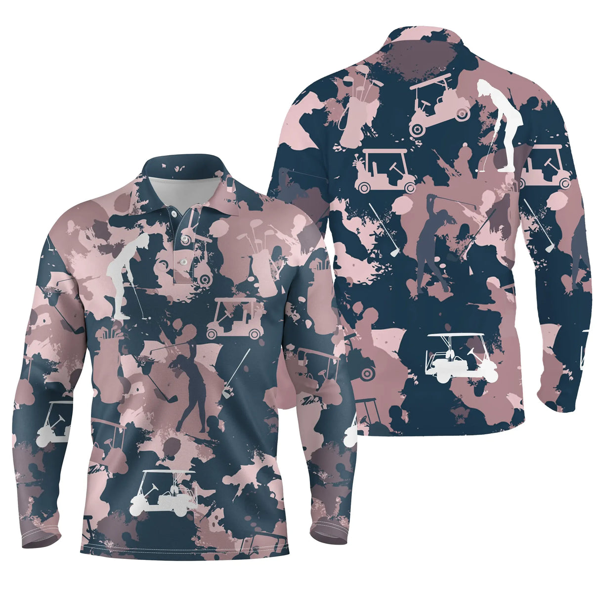Polo de golf manches longues unisexe camouflage rose et bleu marine silhouettes golfeuses voiturettes parcours frais