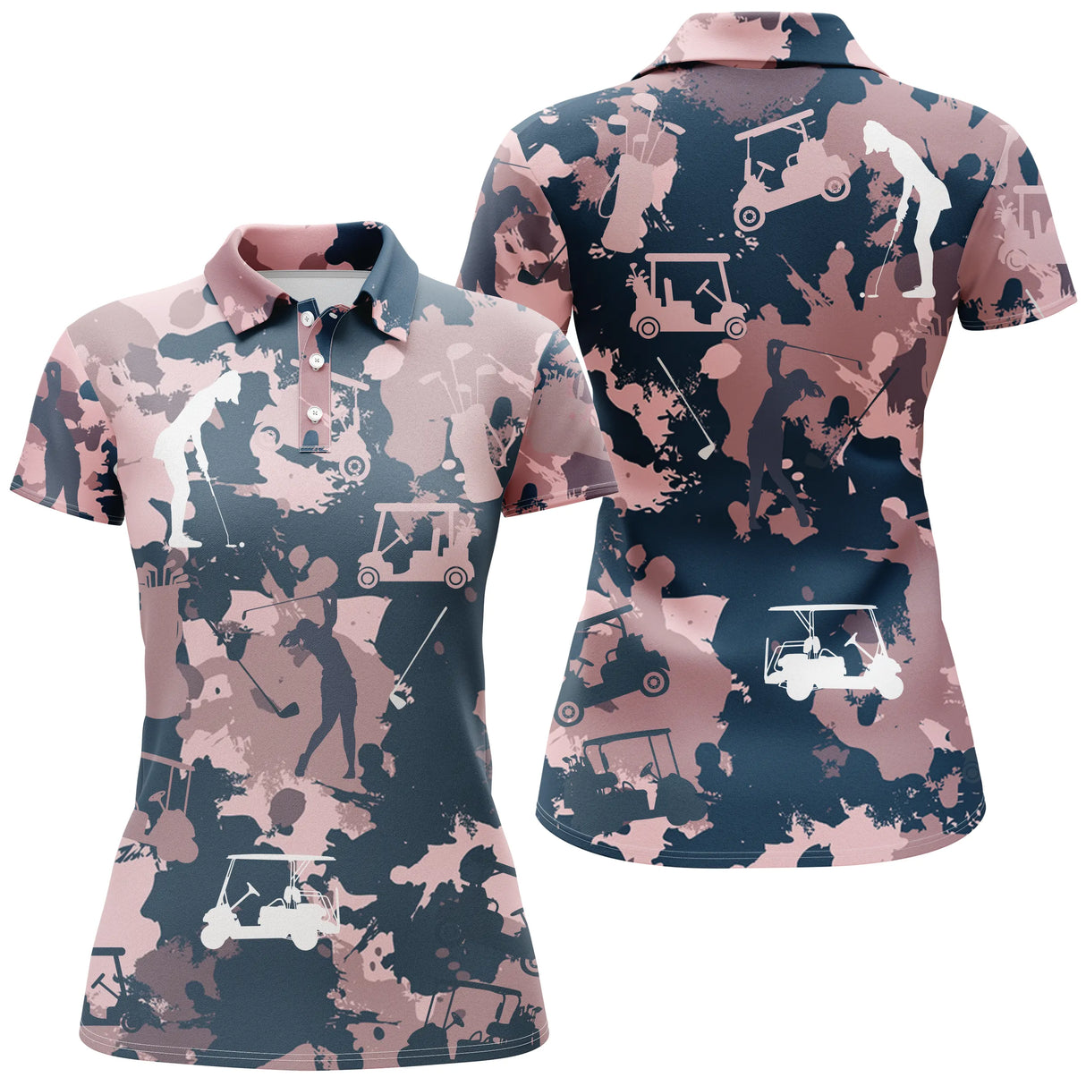 Polo de golf femme personnalisé camouflage rose pâle et bleu marine avec silhouettes golfeuses en swing