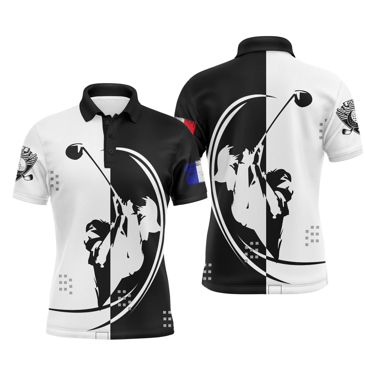 Polo de golf personnalisé homme bicolore noir et blanc avec silhouettes golfeurs en swing et drapeau France