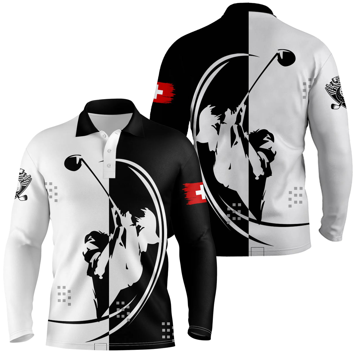 Polo de golf manches longues unisexe noir blanc silhouettes golfeurs drapeau suisse rouge parcours frais