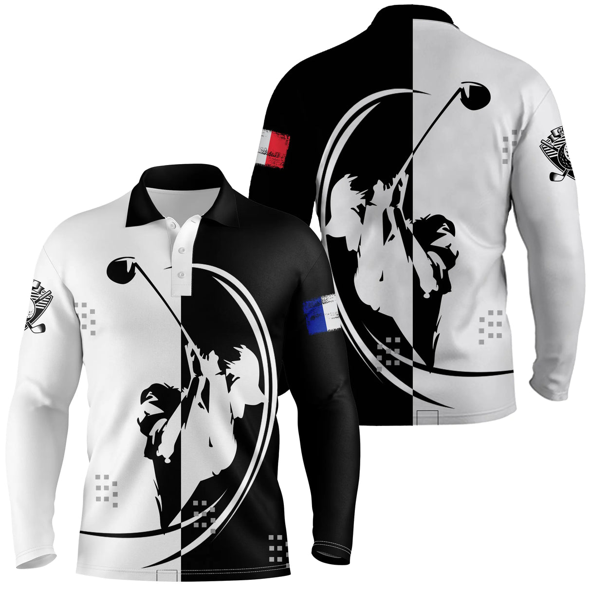 Polo de golf manches longues unisexe noir blanc silhouettes golfeurs drapeau tricolore parcours frais