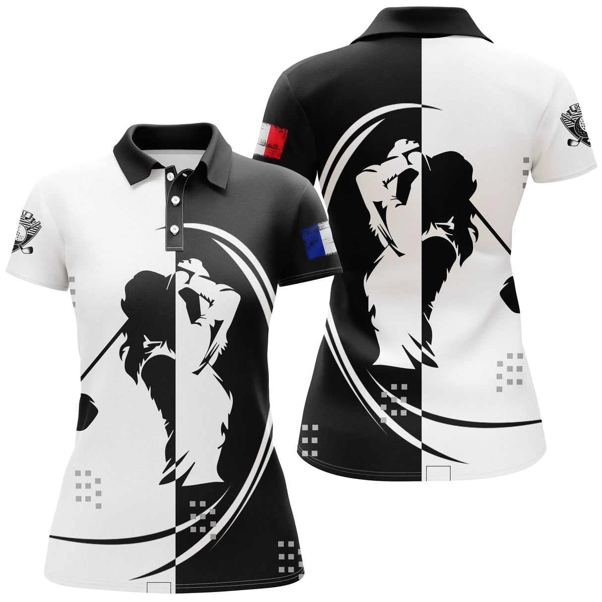 Polo de golf femme bicolore noir blanc silhouettes golfeuses drapeau France coupe ajustée féminine