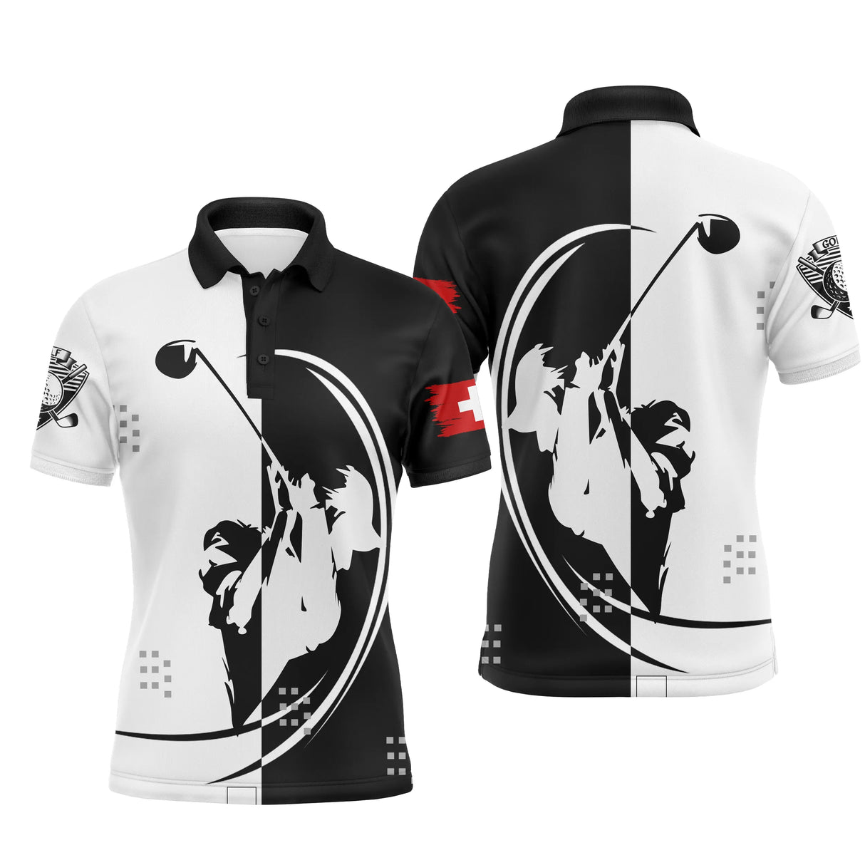Polo de golf personnalisé homme bicolore noir blanc avec silhouettes golfeurs en swing et drapeau suisse rouge