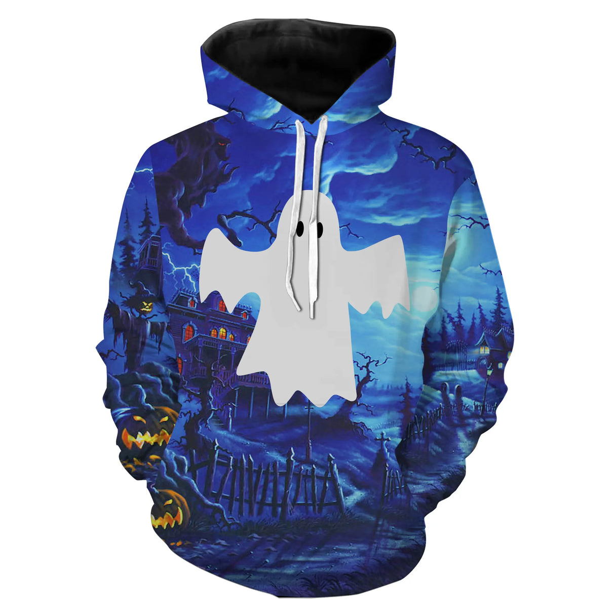 Sweat à capuche all-over Halloween fantôme et maison hantée, vêtement chaud pour soirée d horreur