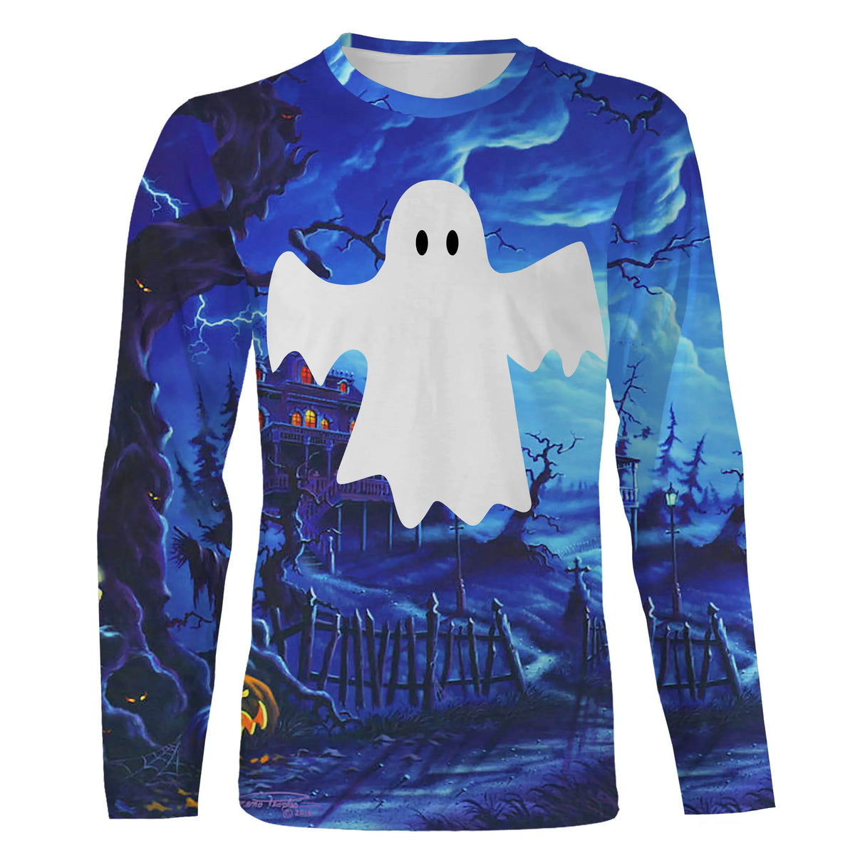 T-shirt Halloween fantôme vue de face design fête, coupe unisexe all-over disponibles