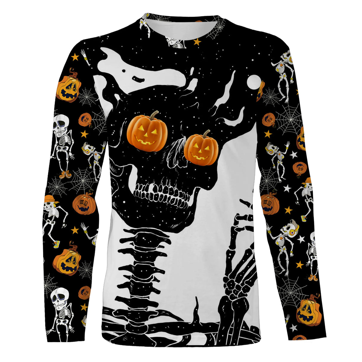 T-shirt Halloween crâne citrouille vue de face design graphique noir blanc et orange, coupe unisexe all-over