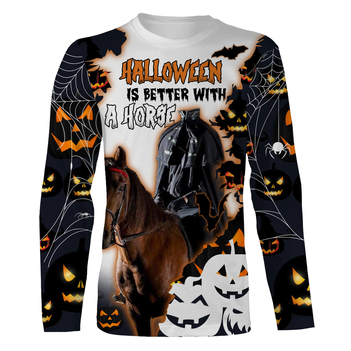 T-shirt Halloween cheval cavalier sans tête vue de face design cinématographique, coupe unisexe all-over