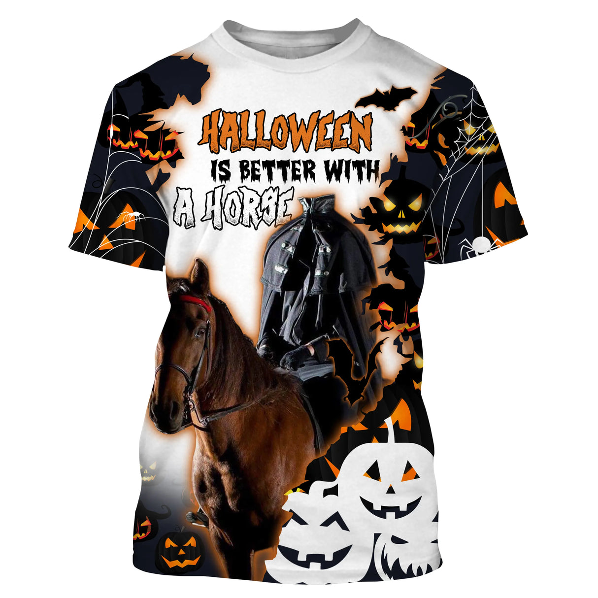 T-shirt Halloween all-over avec cheval brun et cavalier sombre sous lune blanche fond orange flamboyant et citrouilles