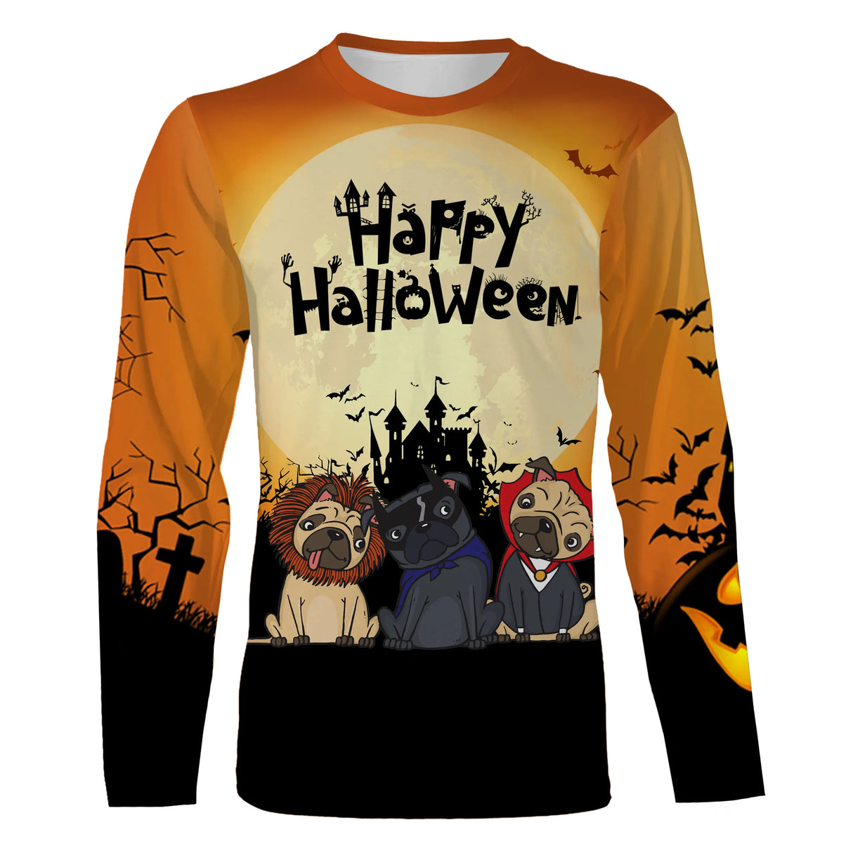 T-shirt Halloween chiens costumés vue de face design familial orange et blanc, coupe unisexe all-over