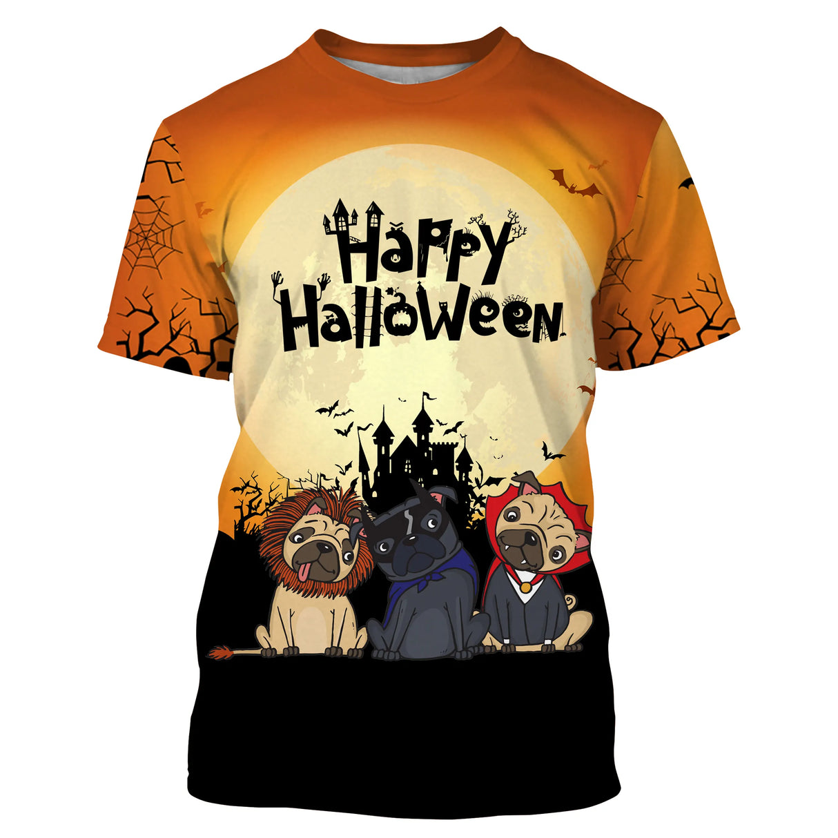 T-shirt Halloween all-over avec trois chiens costumés carlin bouledogue chihuahua et lettrage Happy Halloween sur fond
