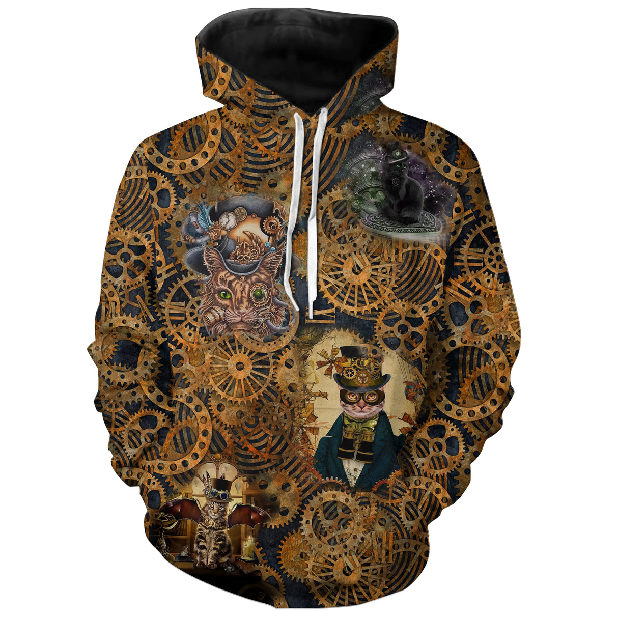 T-shirt chat steampunk unisexe coloris cuivre, motif chats monocles dorés rétrofuturistes