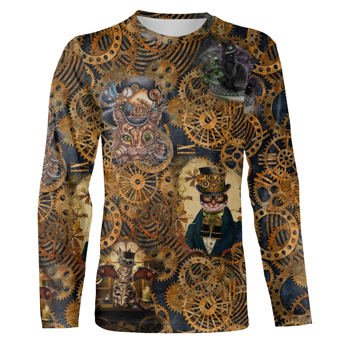 T-shirt chats steampunk engrenages drôle, illustrations chats lunettes mécaniques sur fond rouages dorés