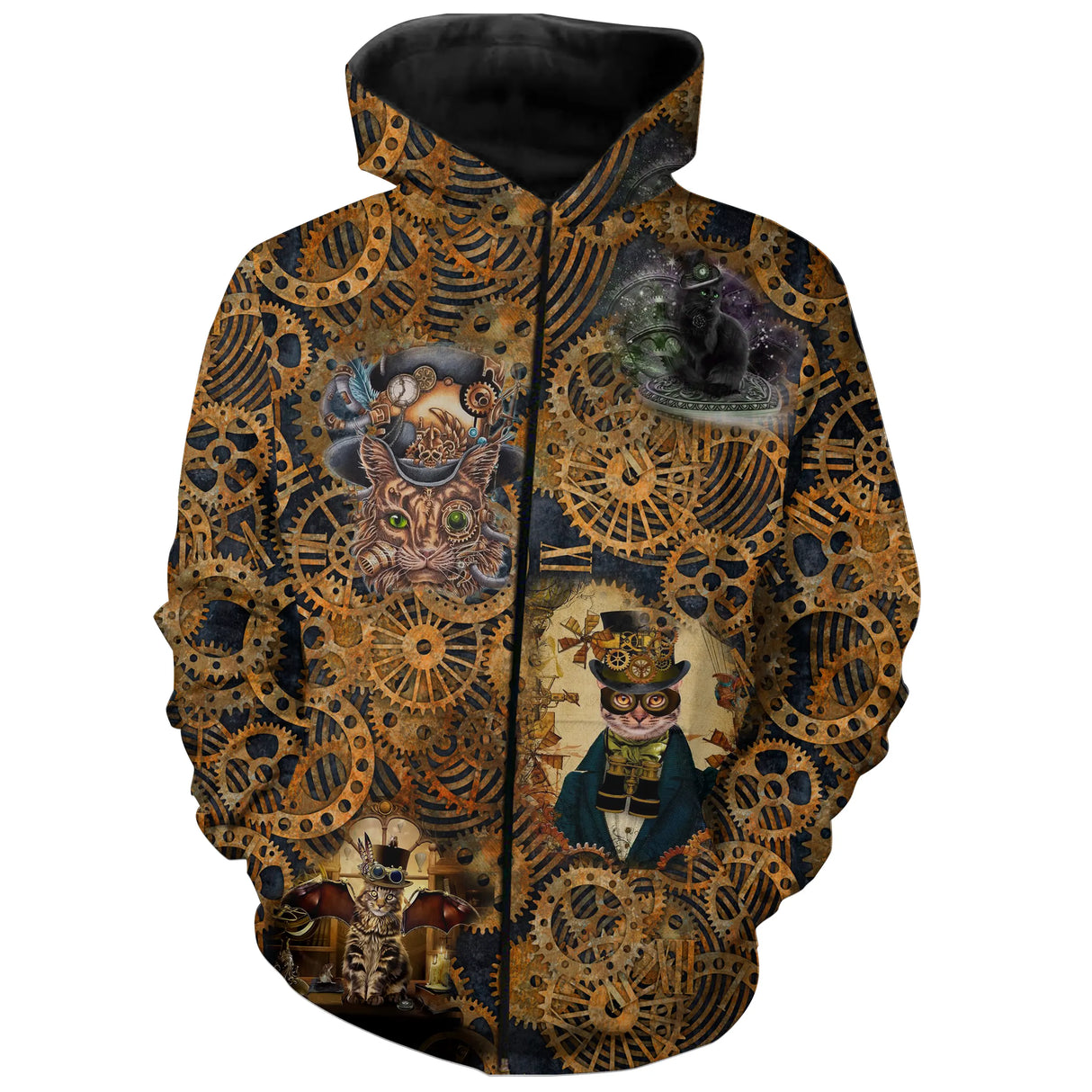 T-shirt chats steampunk vue alternative, illustration détaillée de chats inventeurs studieux