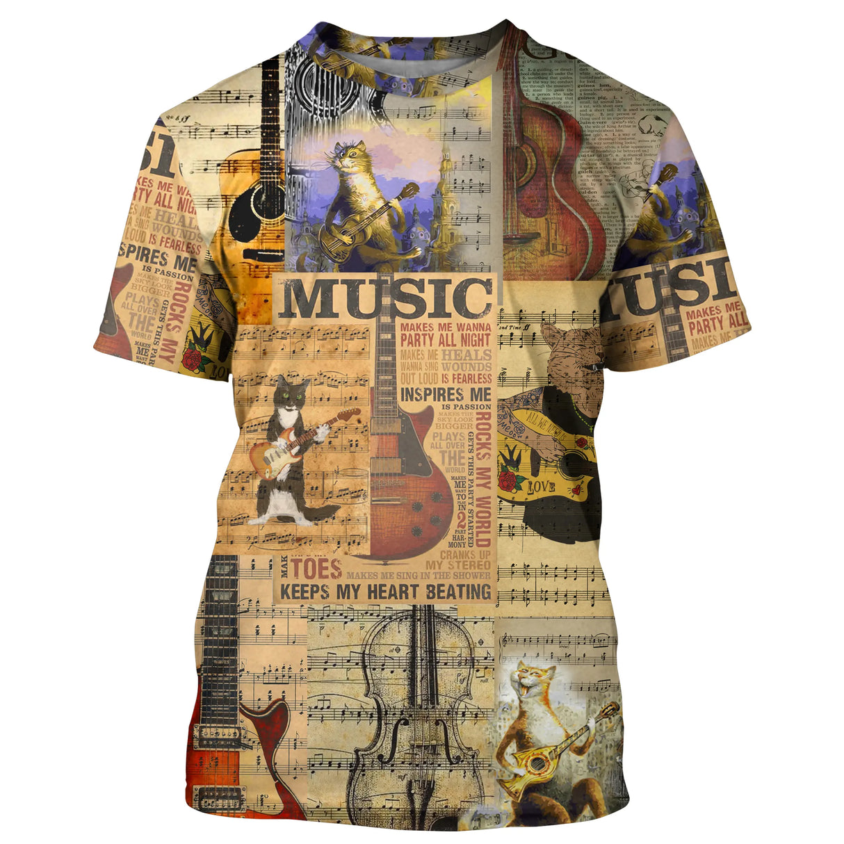 T-shirt chat musicien beige vintage avec chat à la guitare et partitions musicales all-over