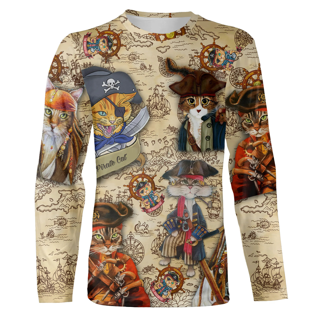 T-shirt chat pirate cool drôle, illustrations chats matelots tricornes sur fond carte antique