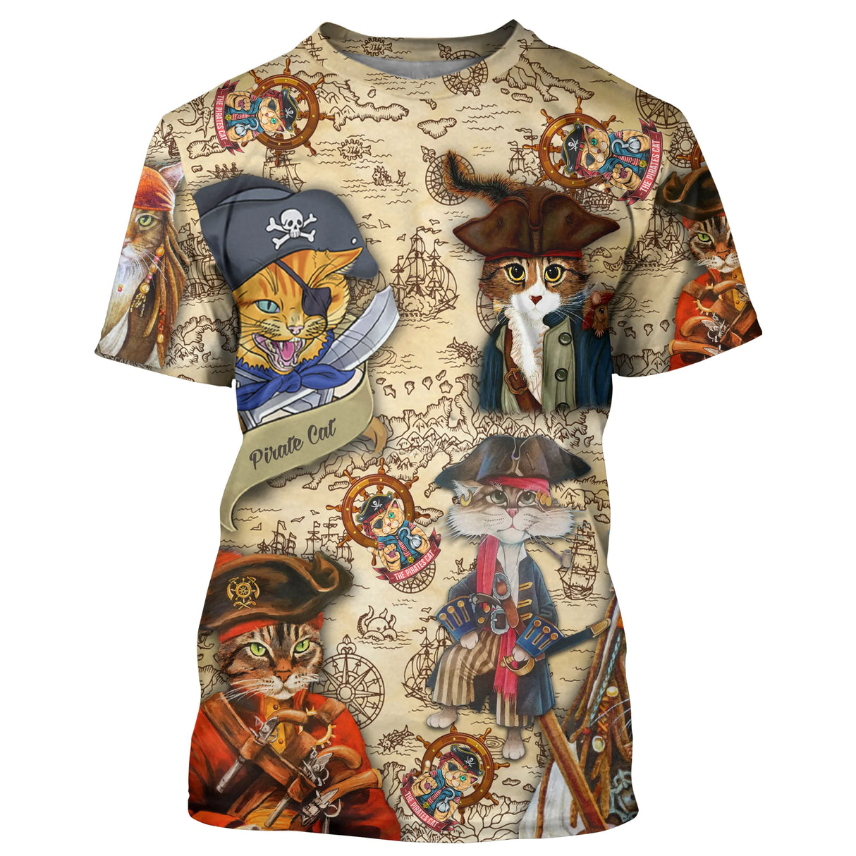 T-shirt chat pirate beige vintage avec capitaines félins barbus et carte aux trésors all-over