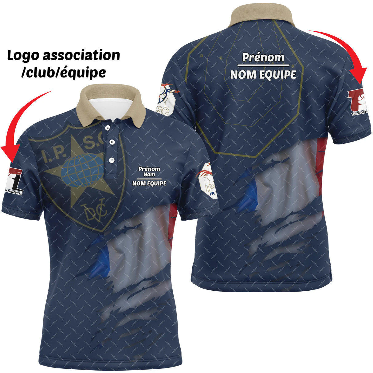 Polo tir sportif IPSC bleu marine homme avec écusson club tactique, logo association, manche, prénom et équipe personnalisés