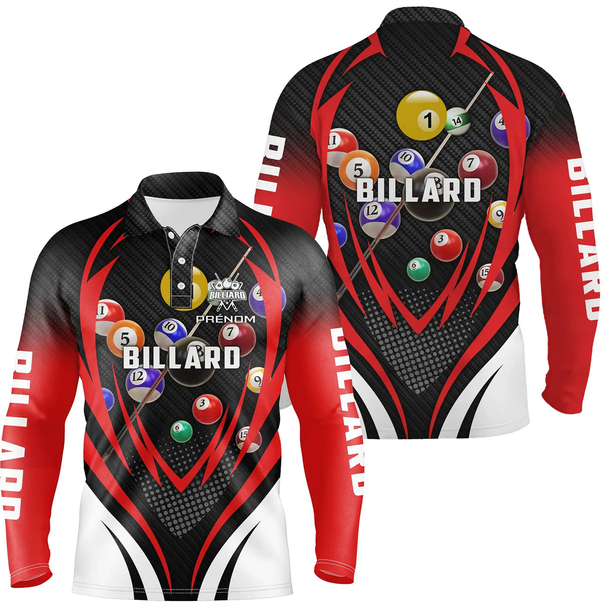 Polo billard manches longues rouge noir, boules de billard numérotées et lettrage personnalisé