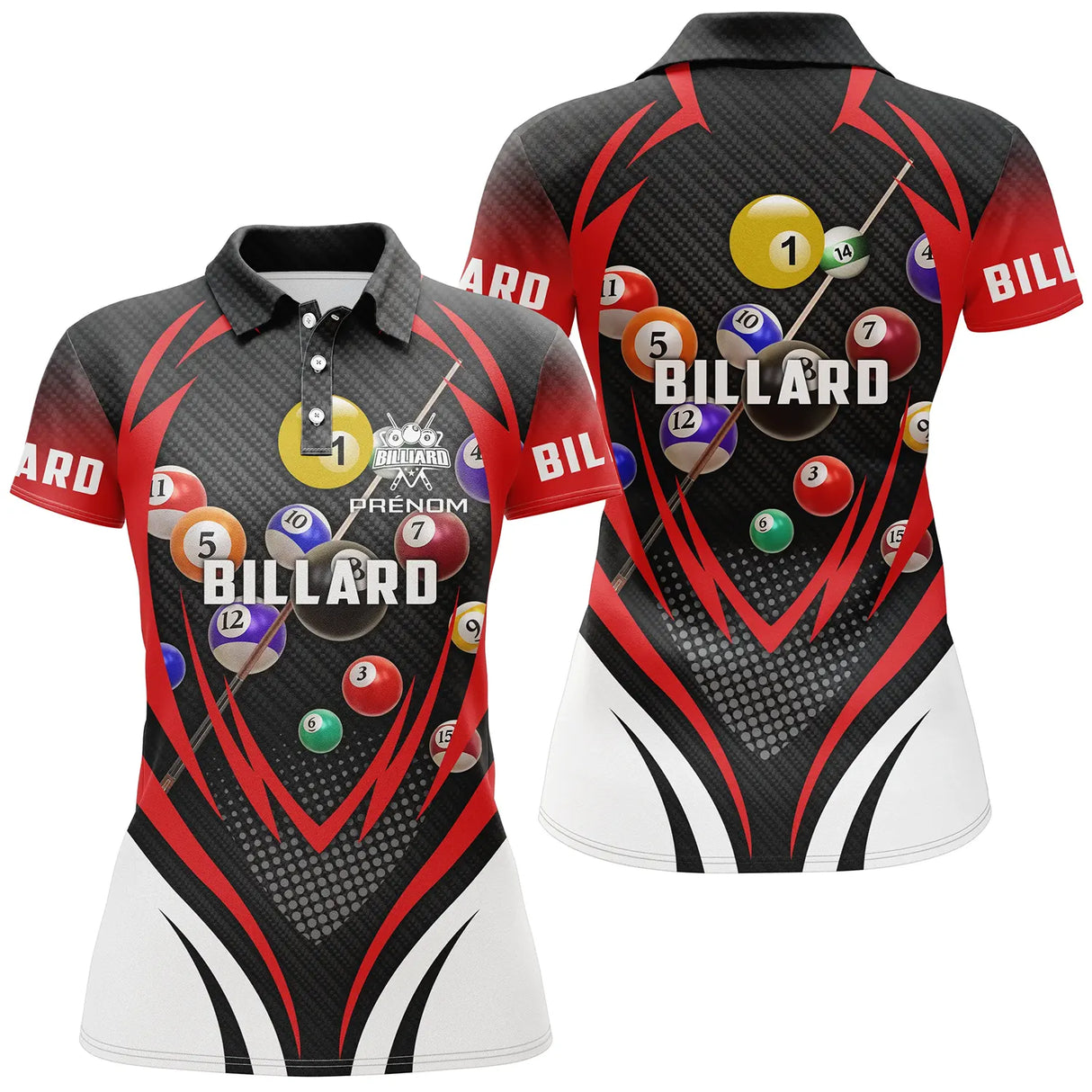 Polo billard rouge noir professionnel vue alternative, design boules numérotées et lettrage Billard