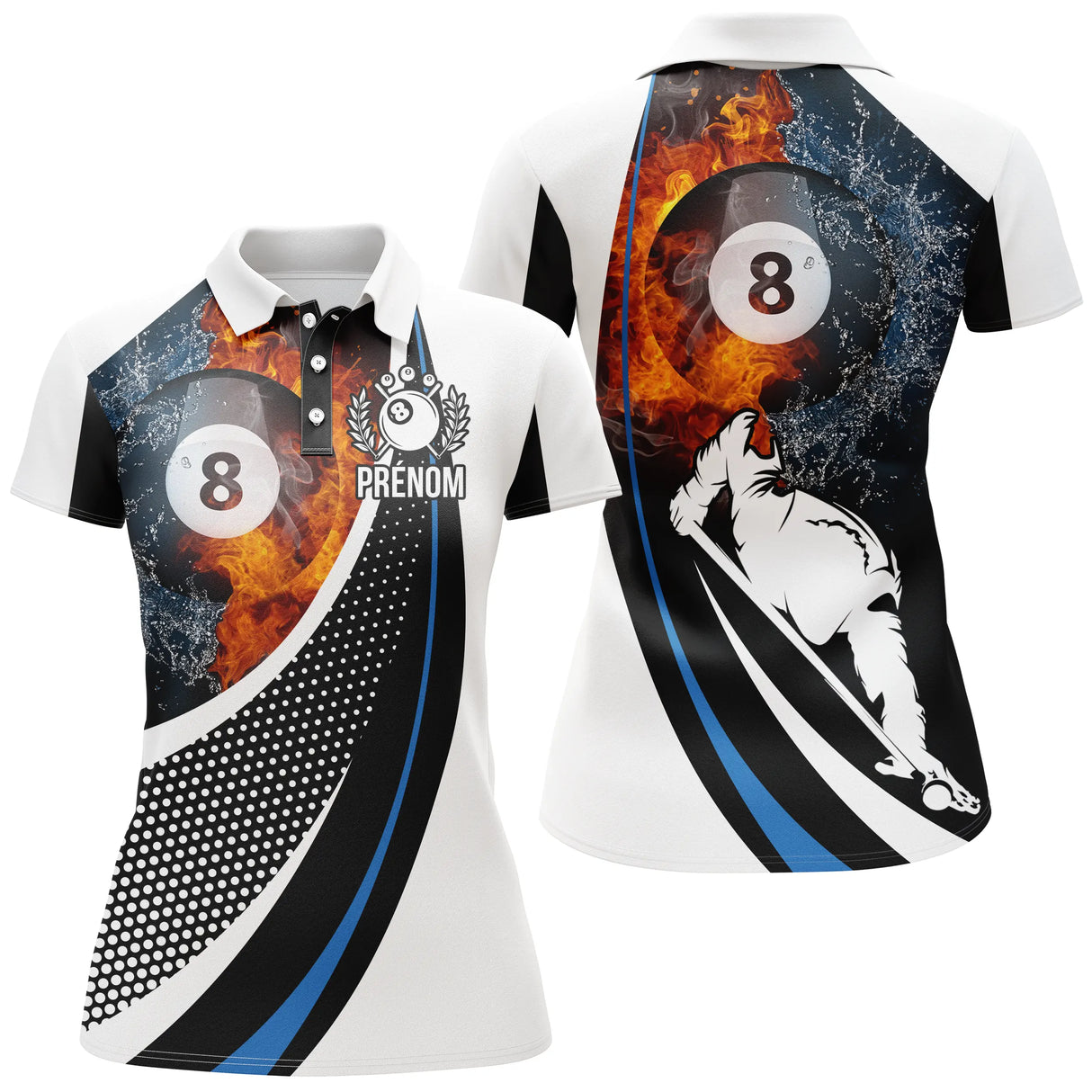 Polo billard blanc noir bleu femme avec boule de la 8 en feu et eau, motif billardiste, prénom personnalisé