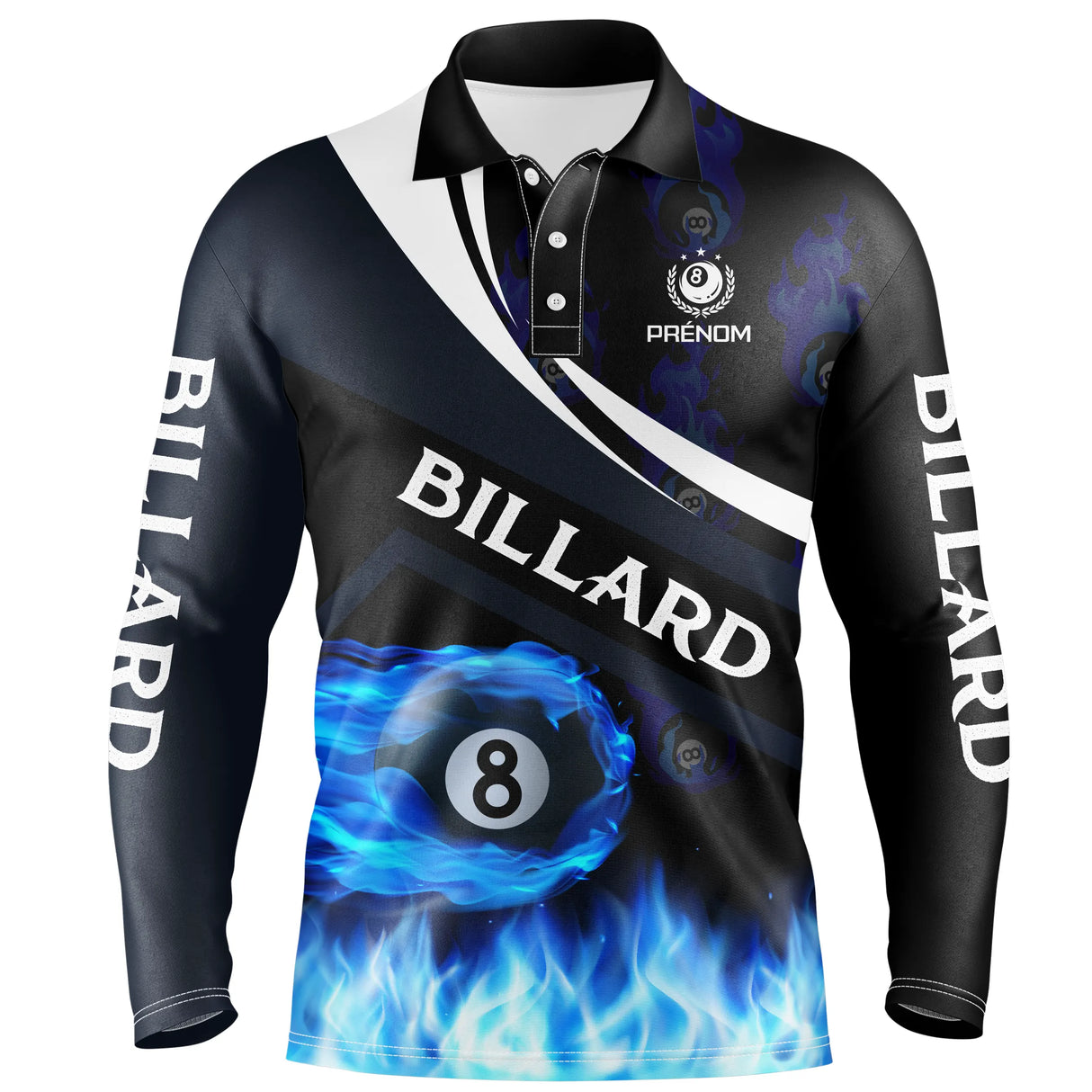 Polo billard manches longues unisexe marine avec BILLARD et boule en flammes bleues, prénom personnalisé