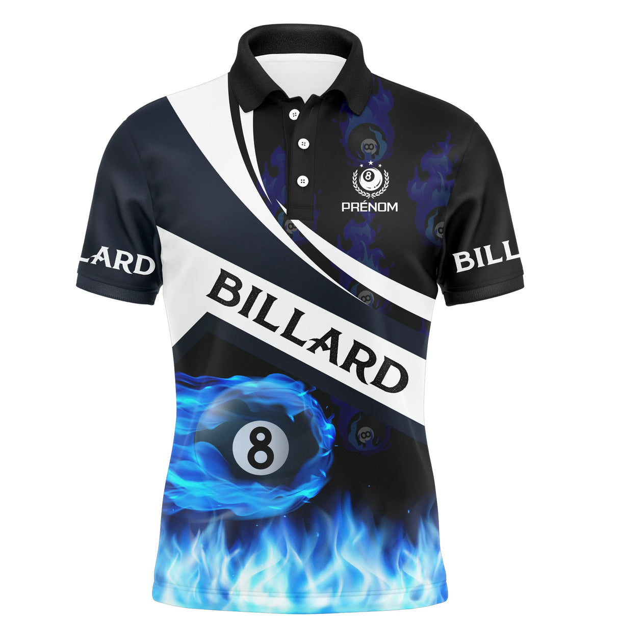 Polo billard blanc homme avec inscription BILLARD et boule 8 enflammée bleue, prénom et logo torse personnalisés