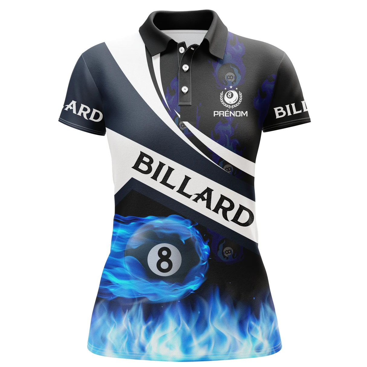 Polo billard blanc femme avec inscription BILLARD et boule 8 enflammée, prénom et logo torse personnalisés