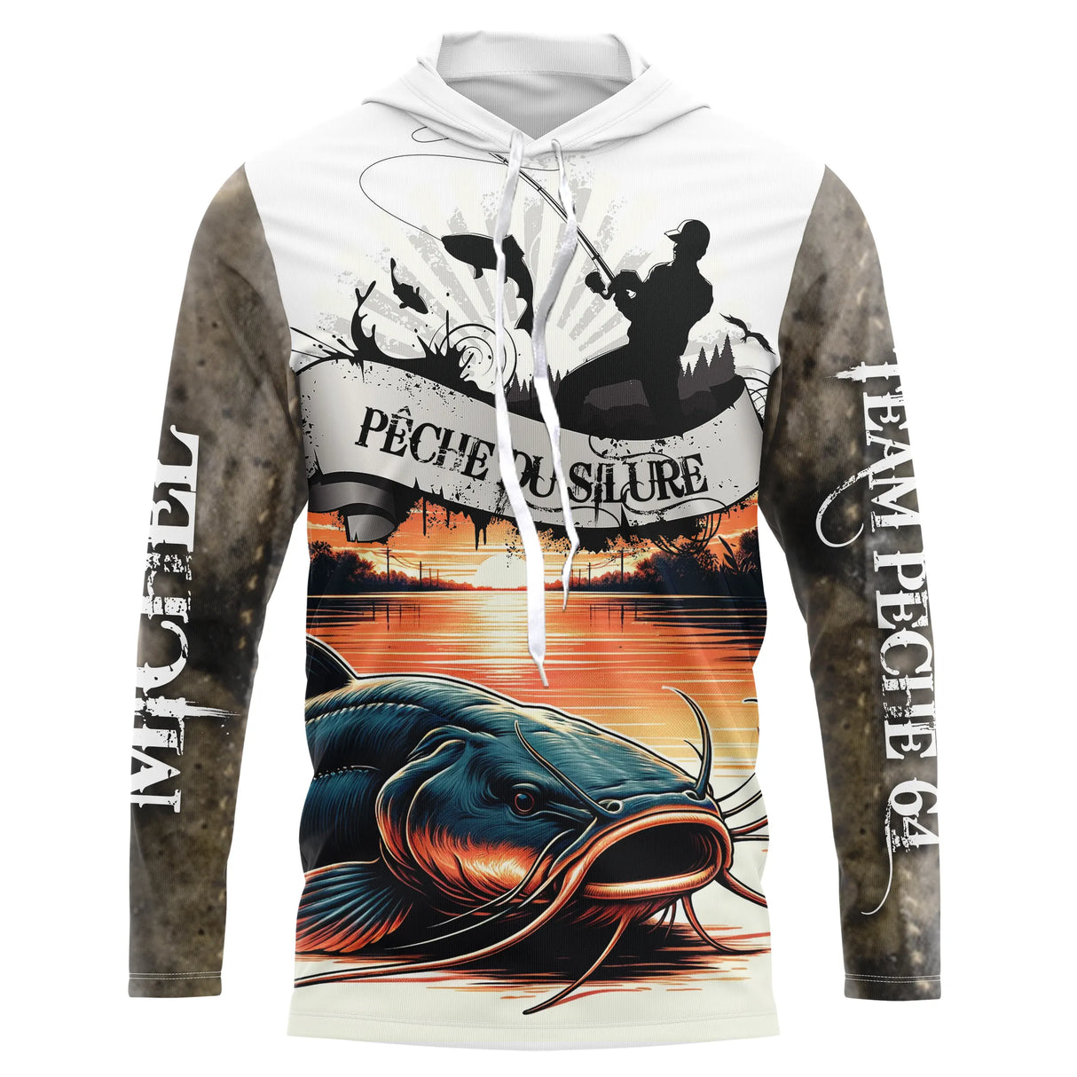 Sweat UV à capuche pêche silure team coucher de soleil orange camouflage roseau prénom texte personnalisés, vue de face