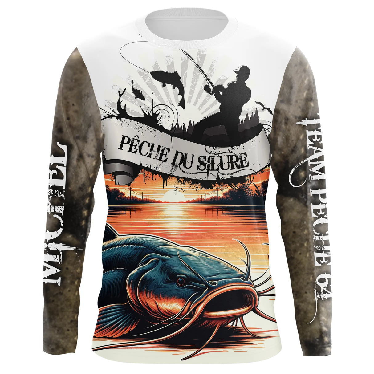 Maillot UV manches longues pêche silure team coucher de soleil camouflage prénom texte personnalisés