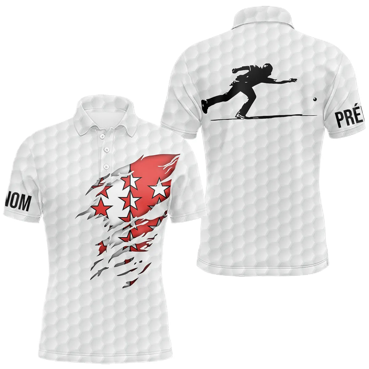 Polo pétanque blanc rouge avec drapeau Valais déchiré et silhouette de bouliste, motif balle de golf et prénom