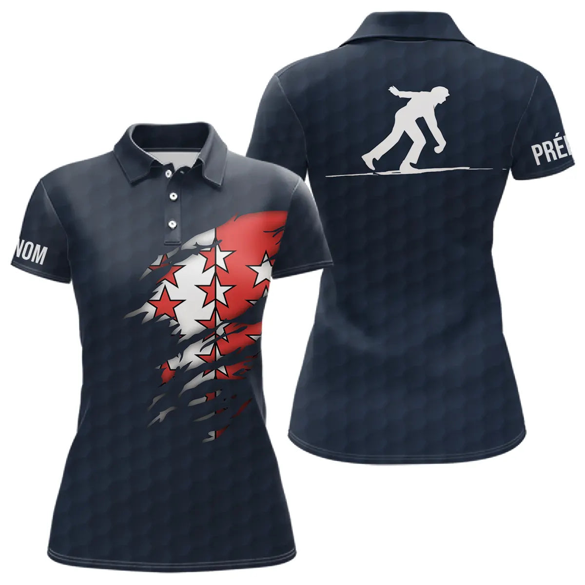 Polo pétanque variante coloris coordonné, drapeau Valais déchiré silhouette joueur personnalisé