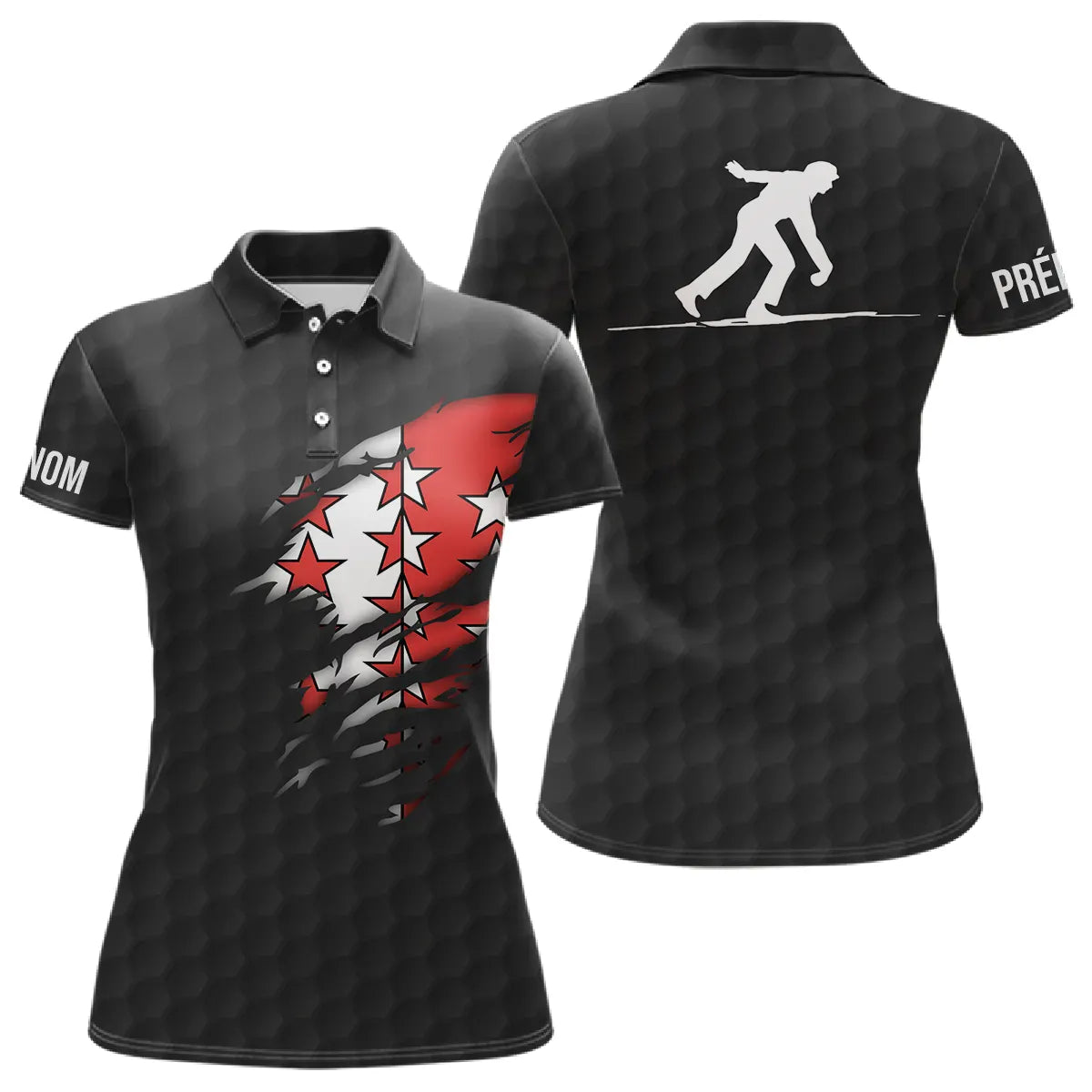 Polo pétanque variante kaki Valais Suisse, drapeau valaisan déchiré silhouette joueur personnalisé