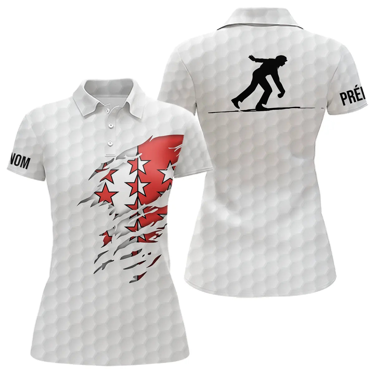 Polo pétanque Valais Suisse blanc rouge variante alternative, drapeau valaisan et silhouette joueur