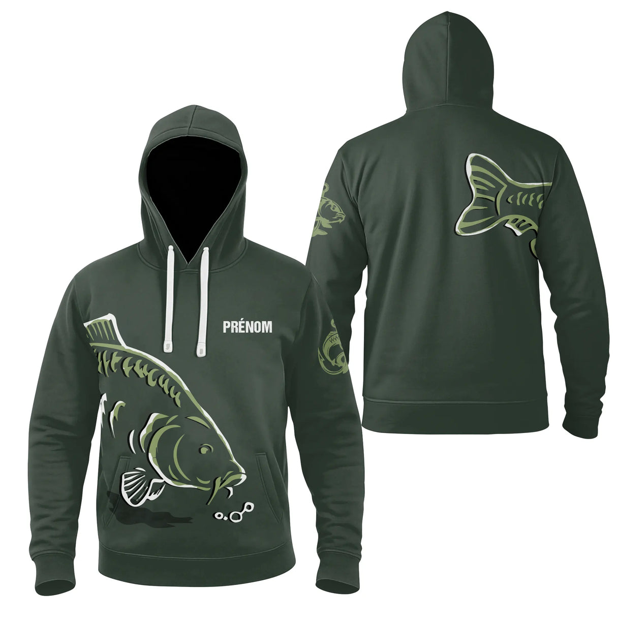 Sweat à capuche pêche carpe vert avec poche kangourou design carpe et prénom personnalisé