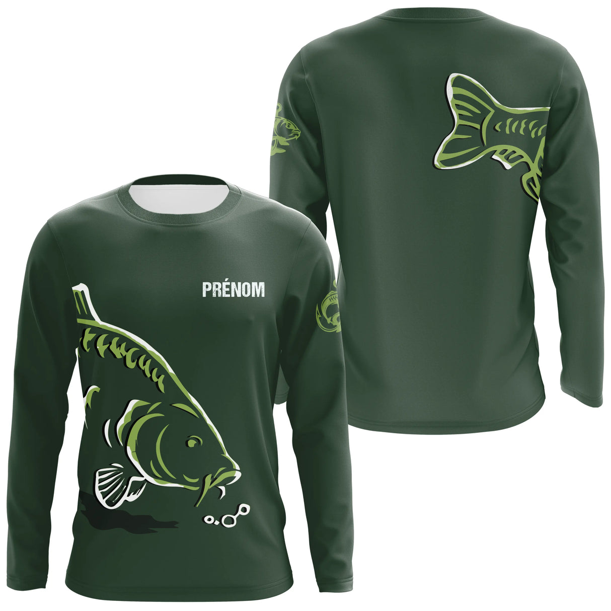 Anti-UV à capuche pêche carpe vert avec silhouette de carpe et logo halieutique manche