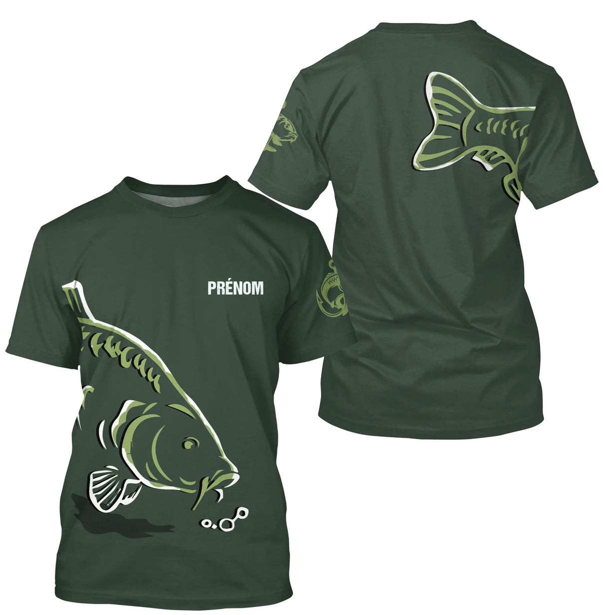 T-shirt pêche carpe vert profond avec carpe stylisée en plongée et prénom calligraphié torse
