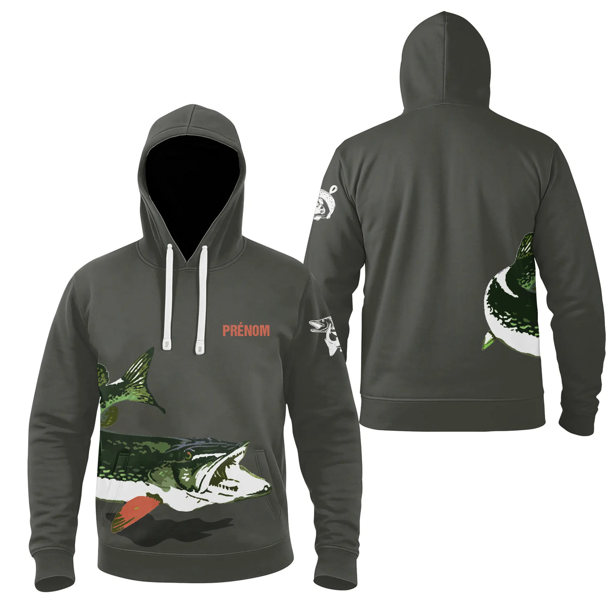 Sweat à capuche pêche brochet personnalisé kaki avec poisson stylisé leurre orange et prénom