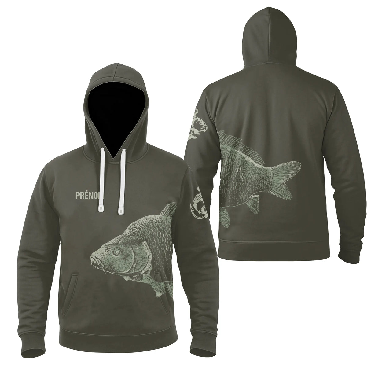 Sweat à capuche pêche carpe personnalisé kaki avec carpe stylisée et logo carpe sur la manche