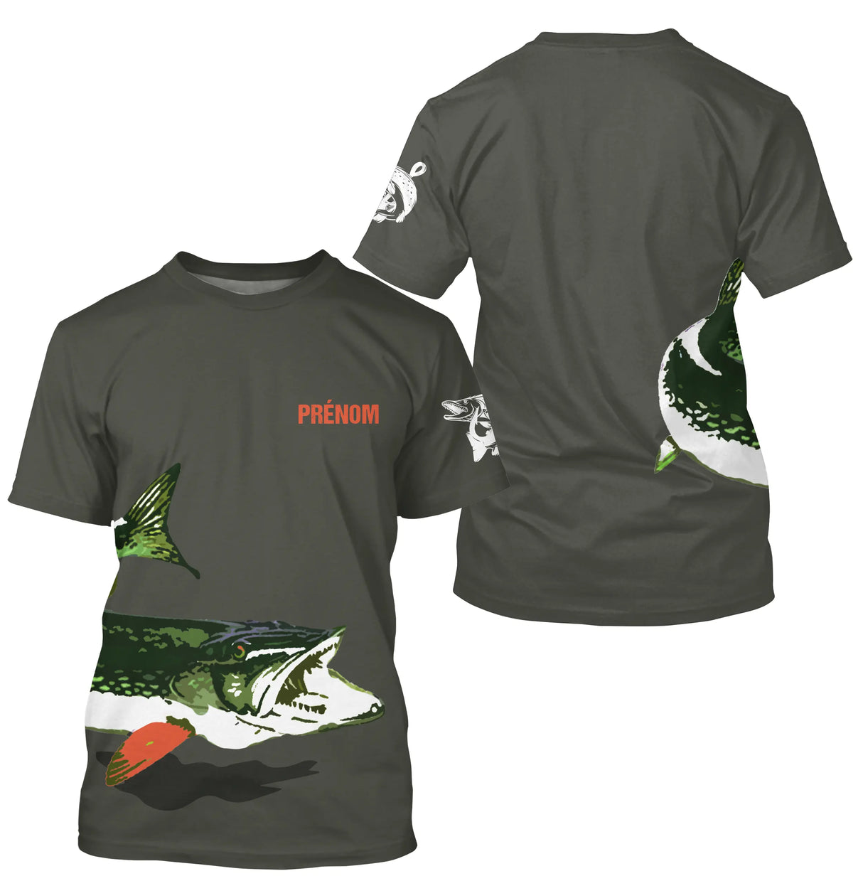 T-shirt pêche brochet personnalisé kaki avec poisson stylisé et leurre orange prénom au torse