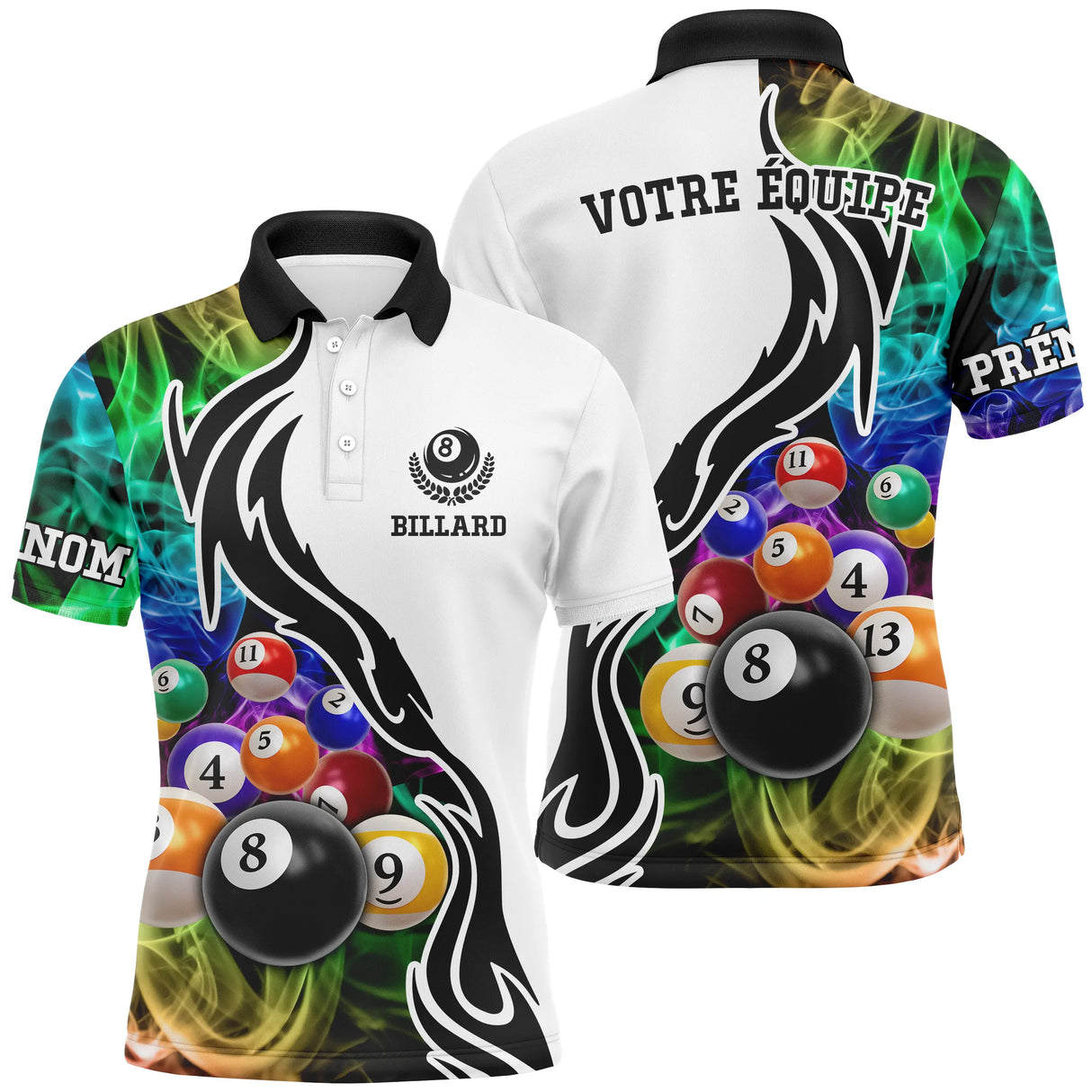 Polo billard blanc noir homme avec triangle de boules multicolores jeu de la 9 et fumée colorée, prénom personnalisé