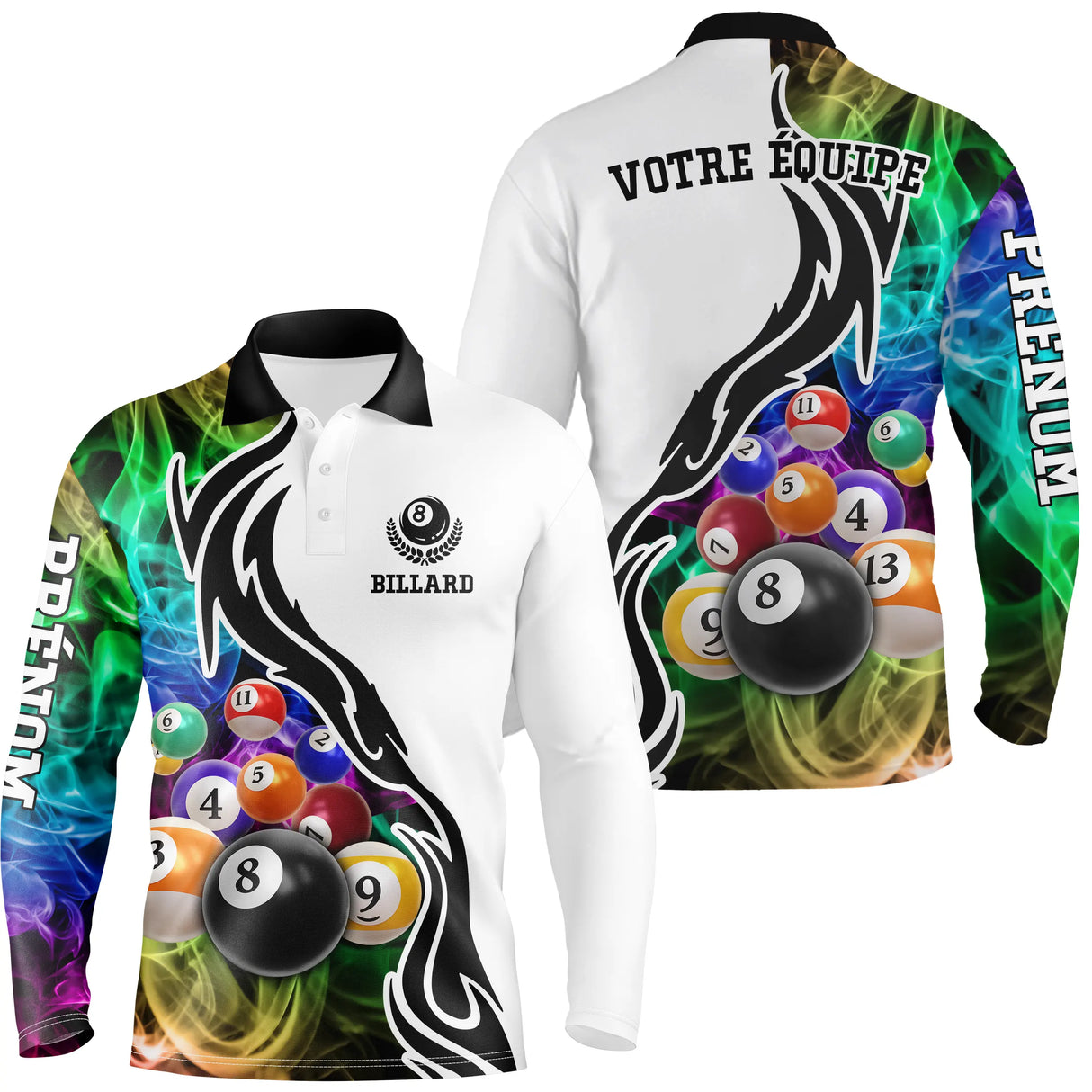 Polo billard manches longues unisexe blanc noir avec triangle 9 boules et fumée colorée, prénom personnalisé